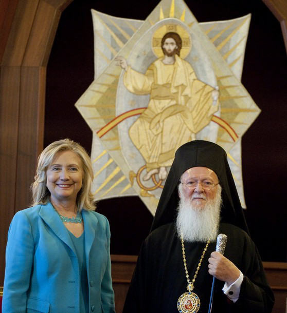 Ecumenical Patriarch Bartholomew (R) and US Secretary of State Hillary Clinton attend meetings at the Patriarchy in Istanbul, on July 16, 2011. The United States is concerned about media freedom and free speech in Turkey amid the arrest of dozens of journalists and Internet restrictions, Secretary of State Hillary Clinton said Saturday. AFP PHOTO / POOL / Saul LOEB (Photo credit should read SAUL LOEB/AFP/Getty Images)
